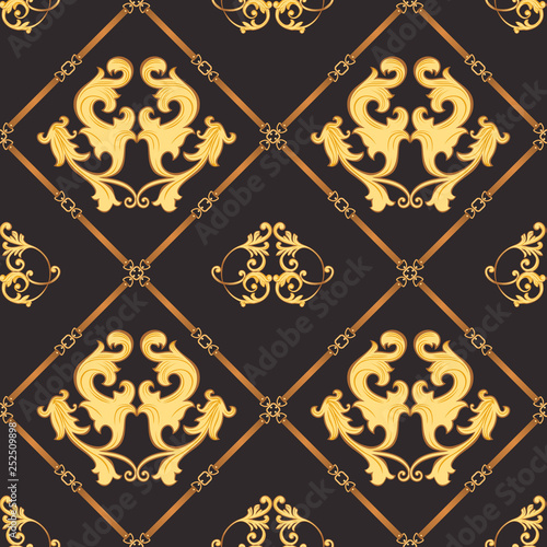 Fashion Fabric Seamless Pattern with Golden Chains, Belts and Straps. Luxury Baroque Background Fashion Design with Jewelry Elements for Textile, Wallpaper, Scarf. Vector illustration