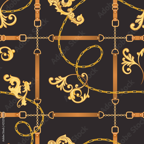 Fashion Fabric Seamless Pattern with Golden Chains, Belts and Straps. Luxury Baroque Background Fashion Design with Jewelry Elements for Textile, Wallpaper, Scarf. Vector illustration