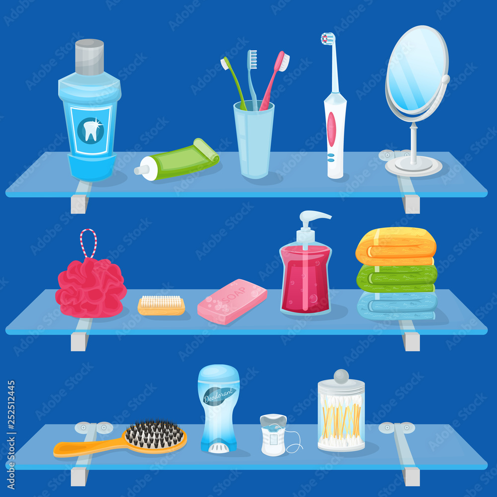 Personal hygiene supplies. Vector illustration. Bathroom glass shelves with soap, toothbrush, toothpaste and hand towels