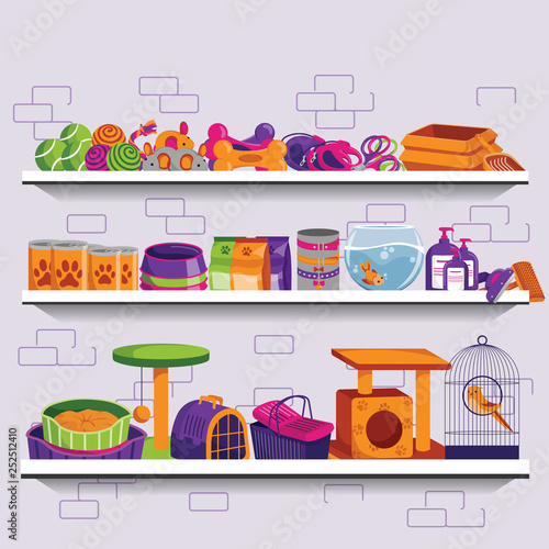 Pet shop vector illustration. Market shelves with food, supplies, accessories and toys for dogs and cats