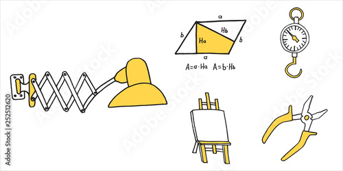 Set of school busines equipment doodle icons