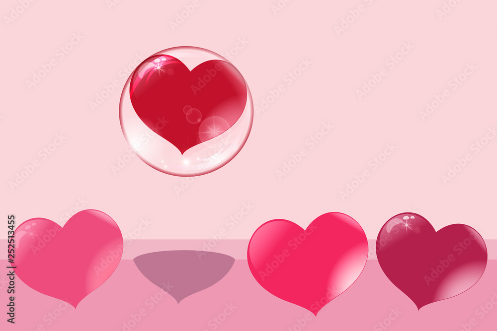 a loving heart flies up in a bubble, other hearts remain on the ground, a soap bubble