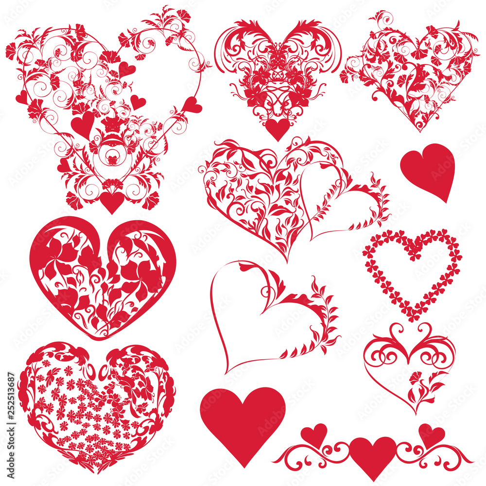 Big set of red vector swirl hearts for design in vintage style Big set of red vector swirl hearts for design in vintage style