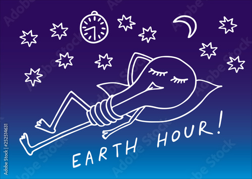 Earth Hour. Lamp sleeps among the stars on a blue background. Symbolic drawing. On the last Saturday of March is the hour of the earth, when they turn off the excess light.