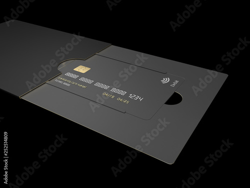 Black blank credit cards mockup isolated on black background 3d illustration