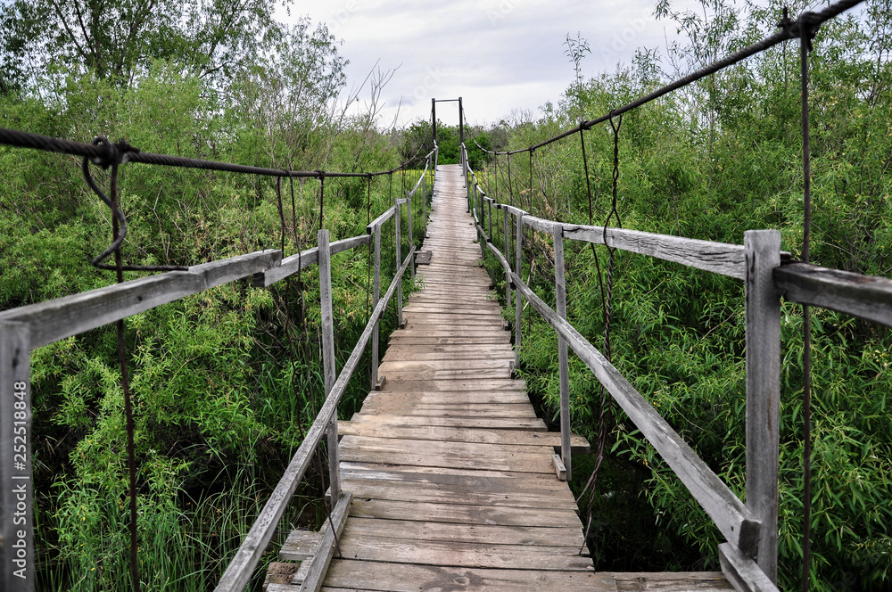 Old suspension wooden bridge across the overgrown river in the village. Old suspension wooden bridge across the overgrown river in the village.