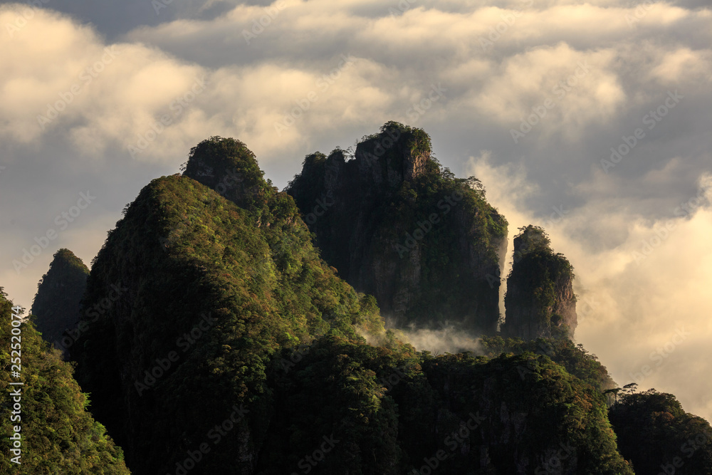 Chinese Karst Mountains above the clouds, steep cliffs covered in exotic trees. Dayao Mountain range near Jinxiu City, Guangxi Province China. Shengtang Mountain, Shengtangshan. Hiking and Travel