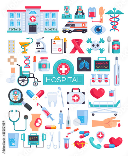 Medical hospital clinic emergency aid surgery diagnosis design graphic flat cartoon icon elements illustration set