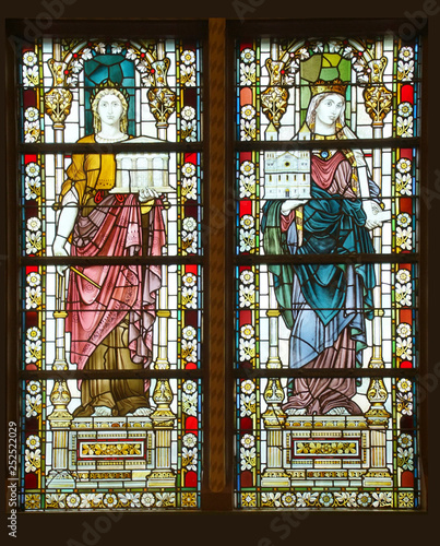 Stained glass windows of great hall of the Rijks Museum photo