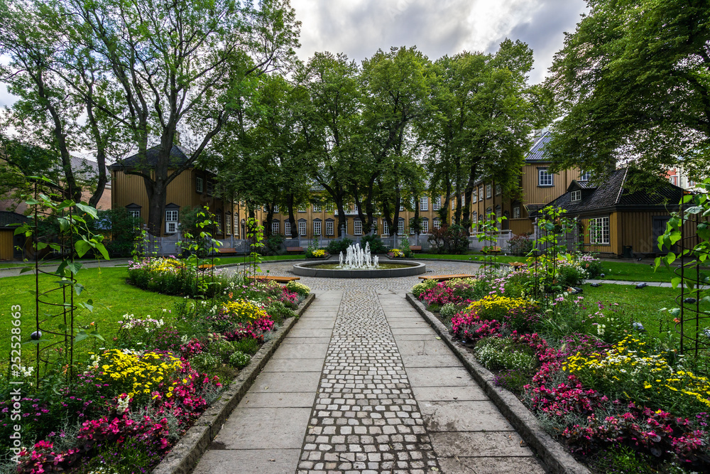 Beautiful gardens in front of Stiftsgarden royal residence, Trondheim, Norway