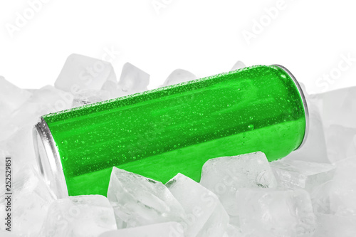 Blank metal green can on ice cubes against white background. Mock up for design