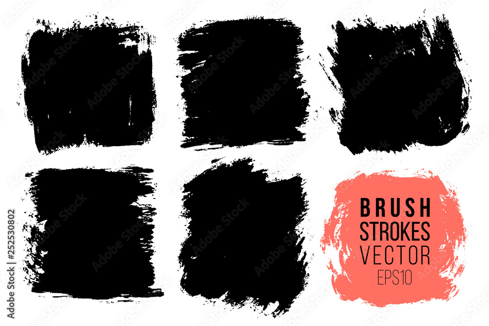 Vector set of big hand drawn brush strokes, stains for backdrops. Monochrome design elements set. One color monochrome artistic hand drawn backgrounds square shapes. - obrazy, fototapety, plakaty 