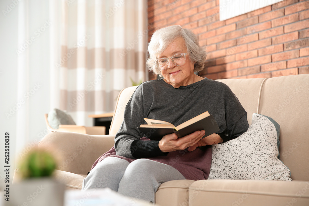 Elderly woman reading book on sofa in living room Elderly woman reading book on sofa in living room