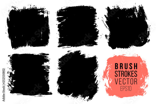 Vector set of big hand drawn brush strokes, stains for backdrops. Monochrome design elements set. One color monochrome artistic hand drawn backgrounds square shapes.
