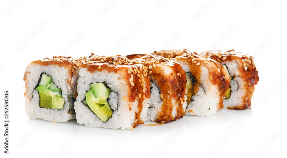 Tasty sushi rolls on white background. Food delivery service Tasty sushi rolls on white background. Food delivery service