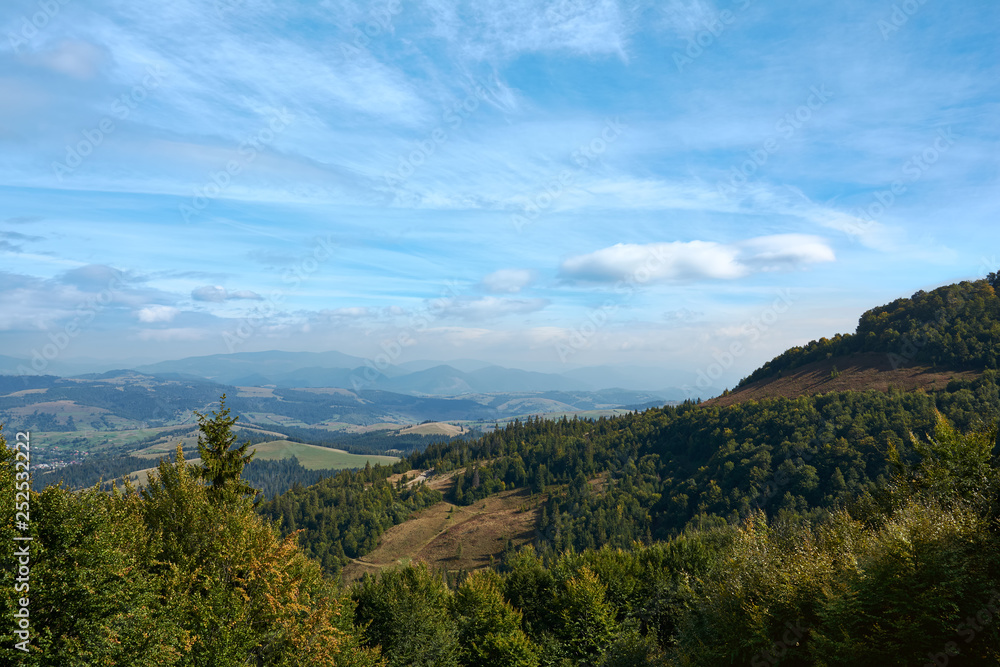 Mountain landscape, autumn sunny morning. Carpathian Mountains, Pylypets, Ukraine.