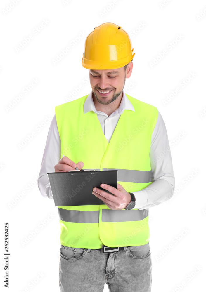 Male industrial engineer in uniform with clipboard on white background. Safety equipment Male industrial engineer in uniform with clipboard on white background. Safety equipment