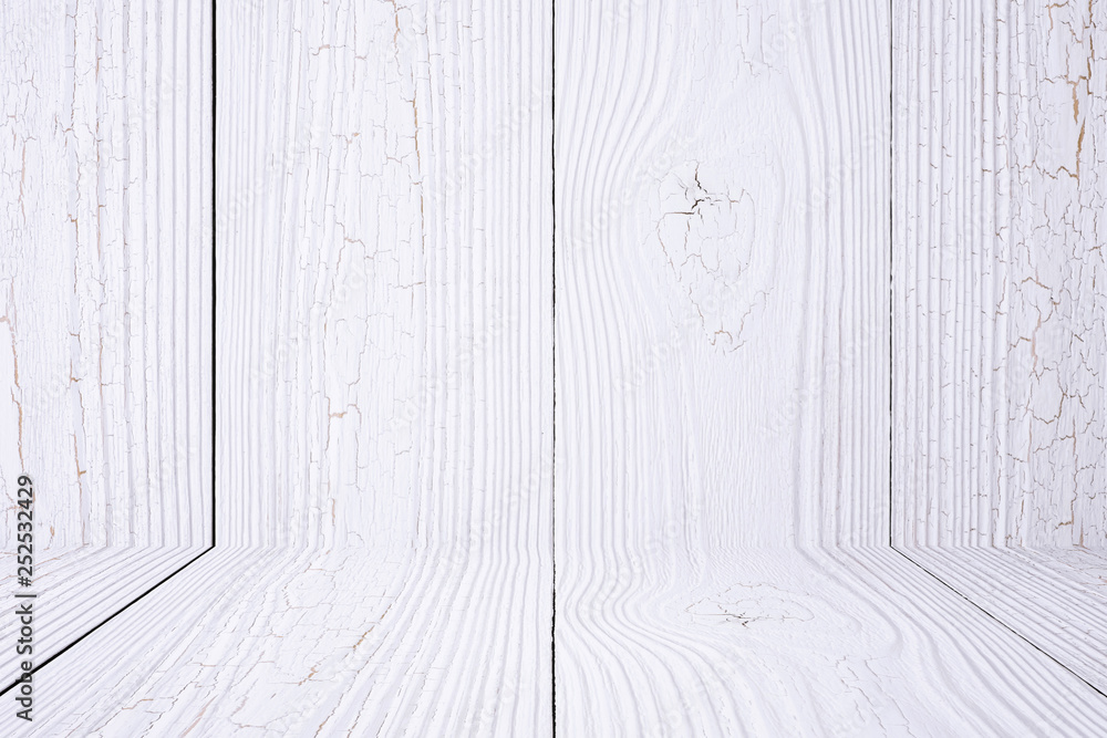 Fototapeta premium White wood background wall and floor. wooden texture. surface, display backdrop, put product.