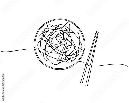 Continuous line drawing. bowl with a pair of isolated chopsticks on a white background. Vector