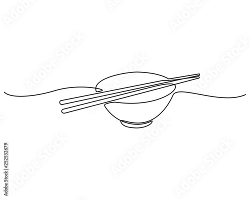 Continuous line drawing. bowl with a pair of isolated chopsticks on a white background. Vector