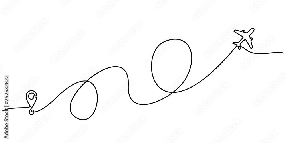 Continuous line drawing of Airplane line path vector icon of air plane flight route with start point and trace of one line - Vector illustration. - Vector Continuous line drawing of Airplane line path vector icon of air plane flight route with start point and trace of one line - Vector illustration. - Vector