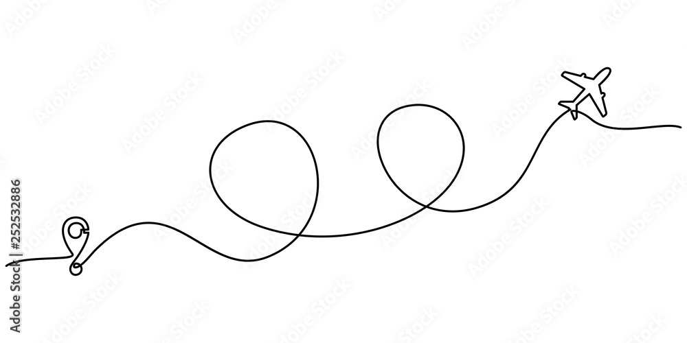 Continuous line drawing of Airplane line path vector icon of air plane flight route with start point and trace of one line - Vector illustration. - Vector Continuous line drawing of Airplane line path vector icon of air plane flight route with start point and trace of one line - Vector illustration. - Vector