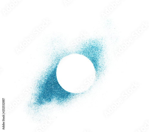 Sparkling blue glitter on white background, top view