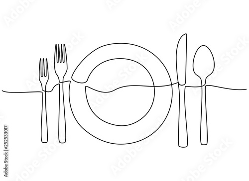 Continuous one line drawing of restaurant logo. plate, knife, fork and spoon. Black and white vector illustration. - Vector