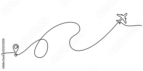 Continuous line drawing of Airplane line path vector icon of air plane flight route with start point and trace of one line - Vector illustration. - Vector