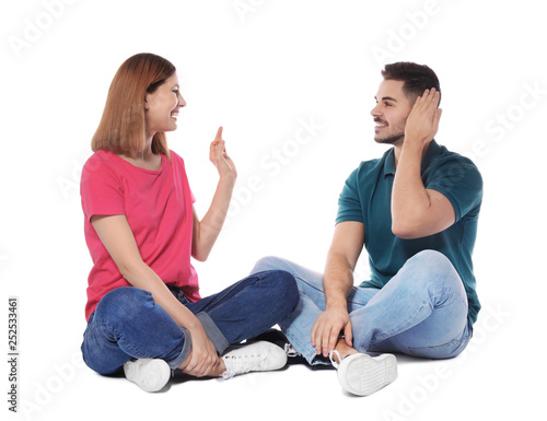 Hearing impaired friends using sign language for communication isolated on white