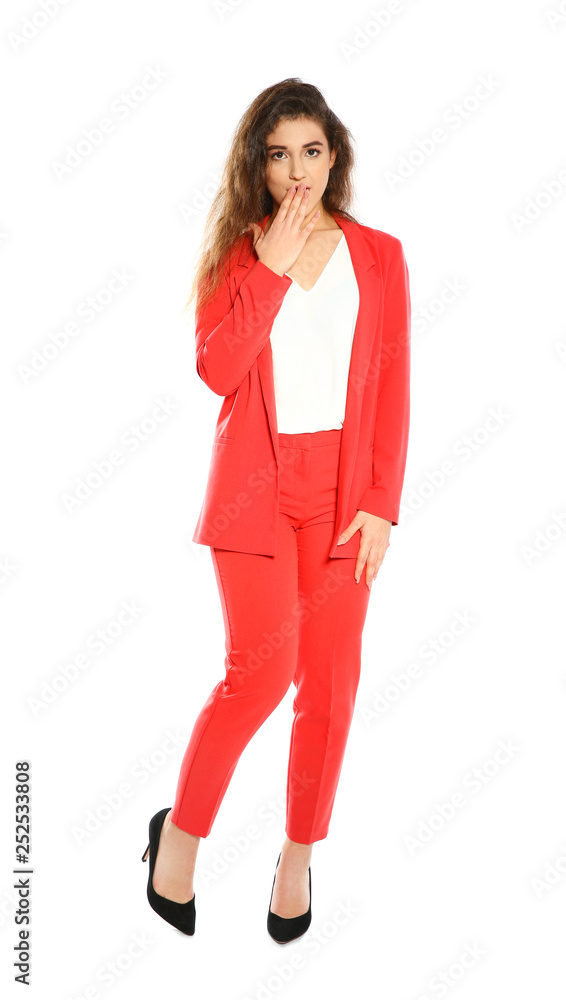 Beautiful young woman in stylish suit on white background Beautiful young woman in stylish suit on white background