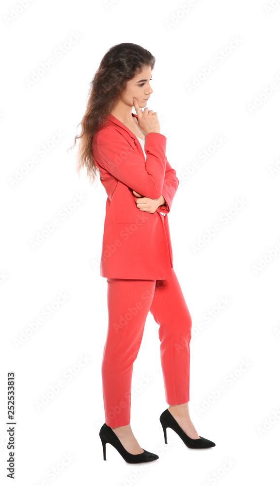 Beautiful young woman in stylish suit on white background Beautiful young woman in stylish suit on white background