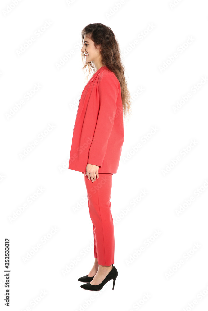 Beautiful young woman in stylish suit on white background Beautiful young woman in stylish suit on white background