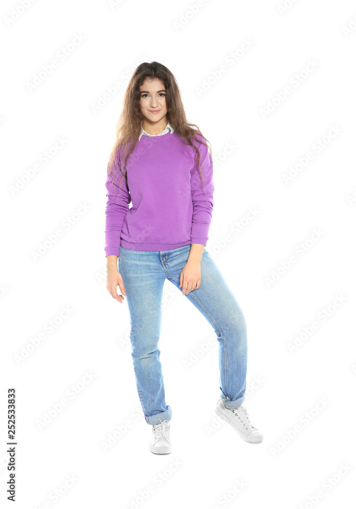 Beautiful young woman in stylish clothes on white background Beautiful young woman in stylish clothes on white background
