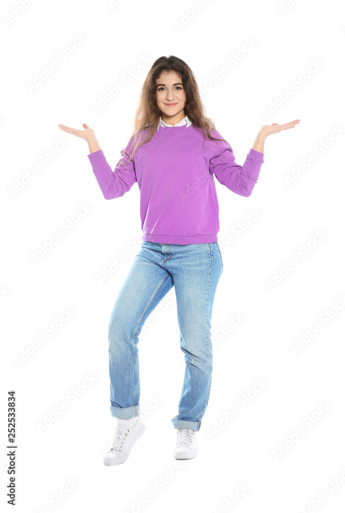 Beautiful young woman in stylish clothes on white background Beautiful young woman in stylish clothes on white background