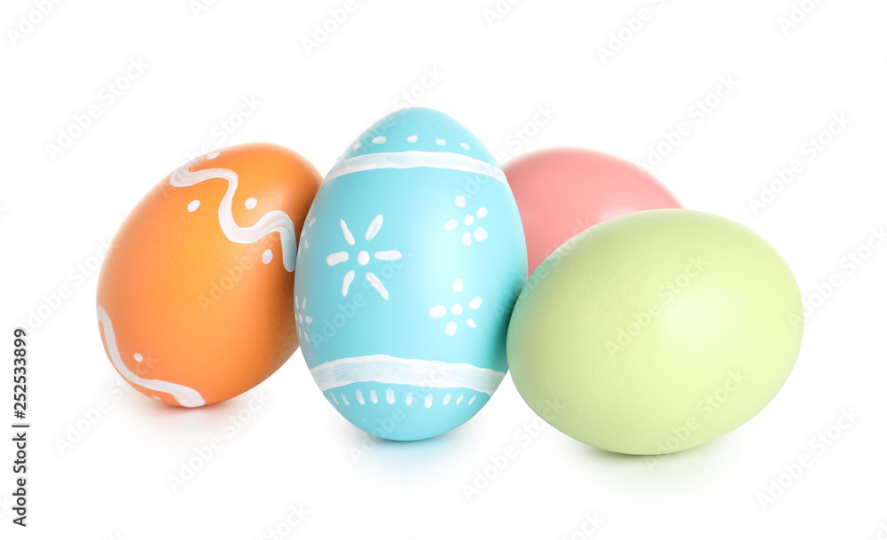Beautiful painted Easter eggs on white background
