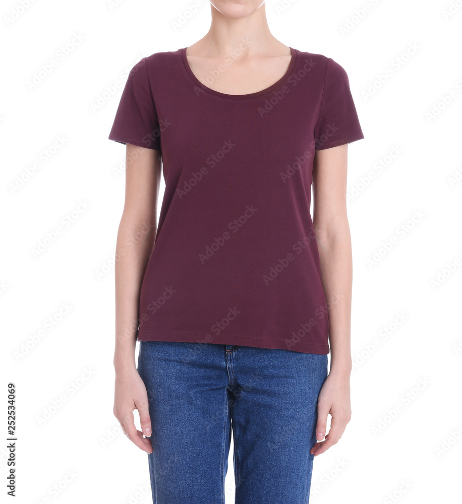 Young slim woman on white background, closeup. Weight loss Young slim woman on white background, closeup. Weight loss