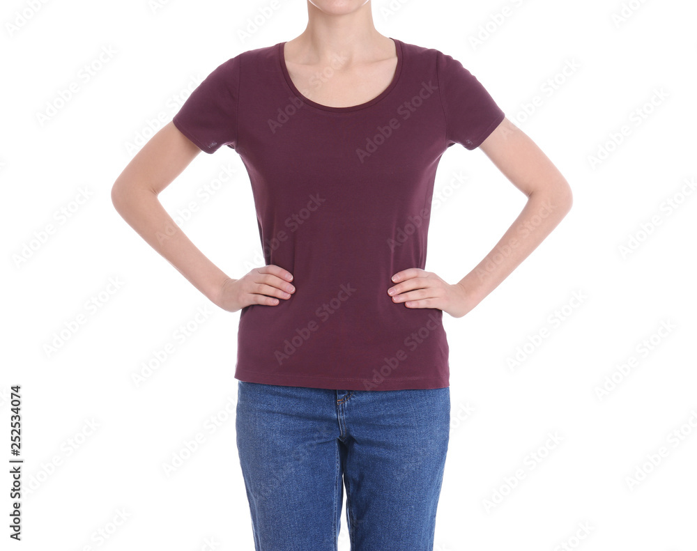 Obraz premium Young slim woman on white background, closeup. Weight loss