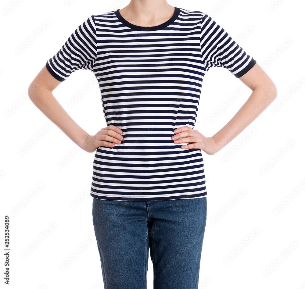 Young slim woman on white background, closeup. Weight loss Young slim woman on white background, closeup. Weight loss