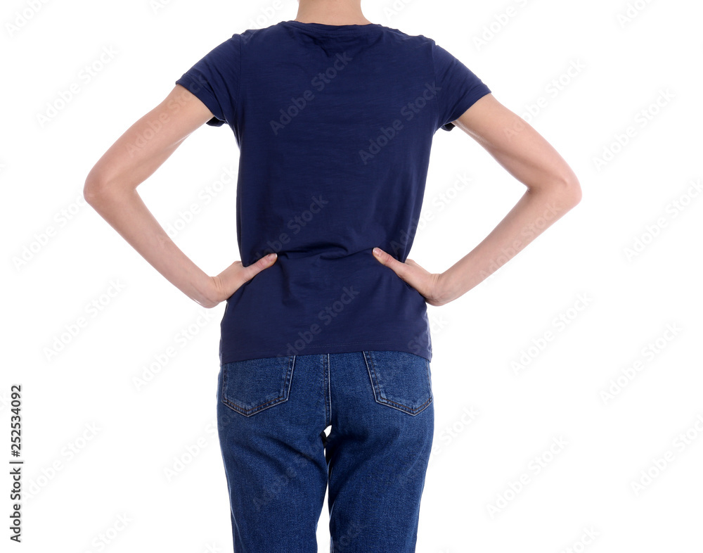 Young slim woman on white background, closeup. Weight loss Young slim woman on white background, closeup. Weight loss