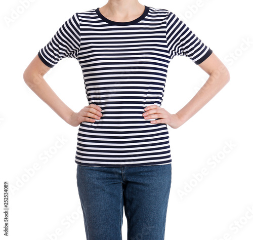 Young slim woman on white background, closeup. Weight loss