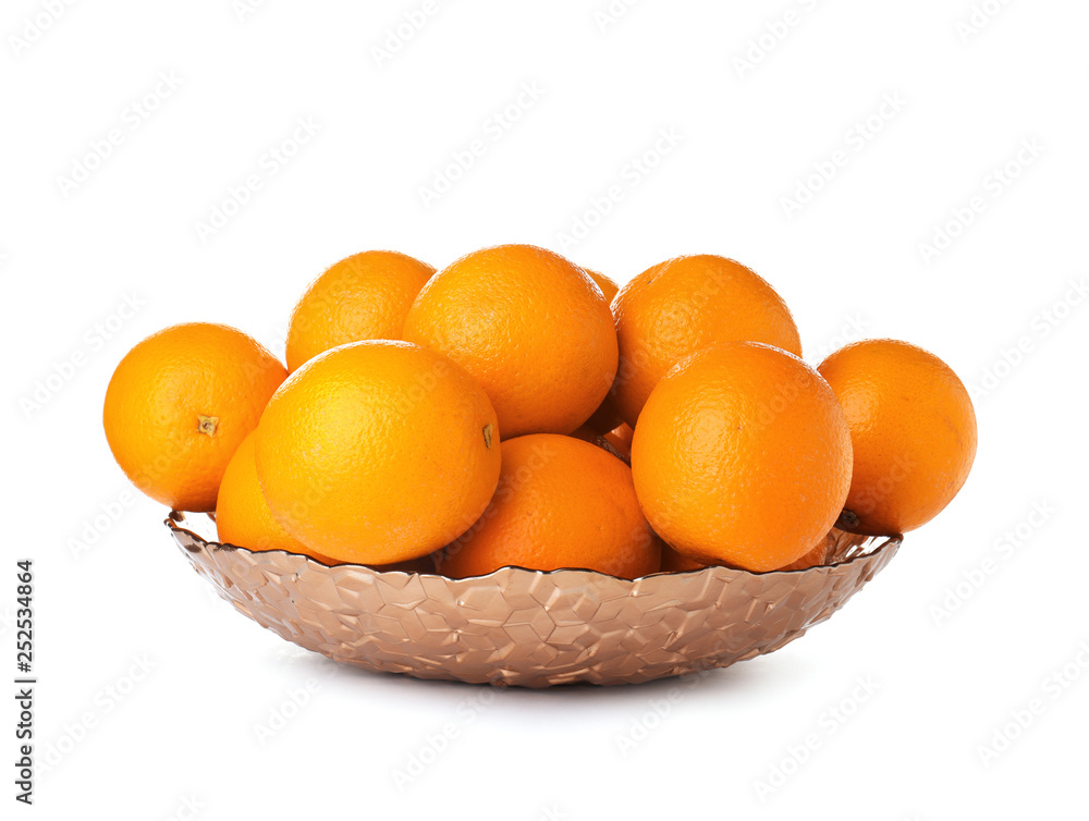 Fruit bowl with tasty oranges isolated on white Fruit bowl with tasty oranges isolated on white