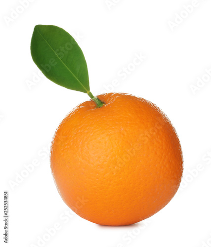 Fresh ripe orange with leaf isolated on white
