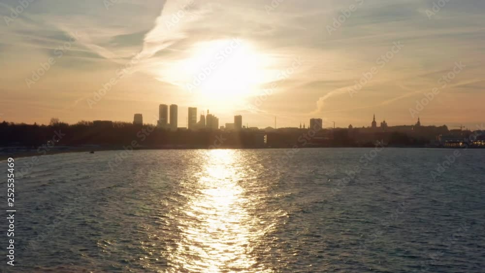 Silhouette of Tallinn looking from the sea. Dolly zoom effect aerial shot Silhouette of Tallinn looking from the sea. Dolly zoom effect aerial shot