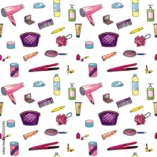 Vector. Items for women for the bathroom, cosmetics and care. Pattern
