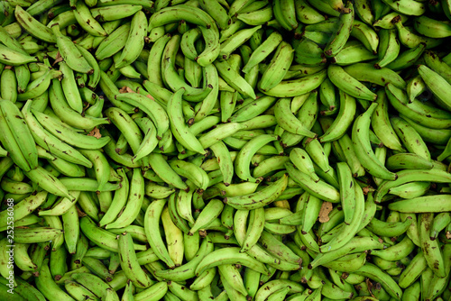 Large pile of freshly harvested raw green Colombian Plantains in Medellin, Colombia photo