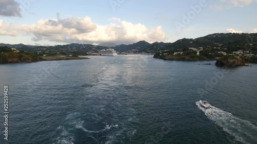 Aerial departure shot moving out of St. Lucia harbor waters