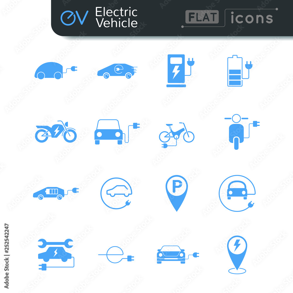 Electric vehicle flat icon set in blue color Electric vehicle flat icon set in blue color