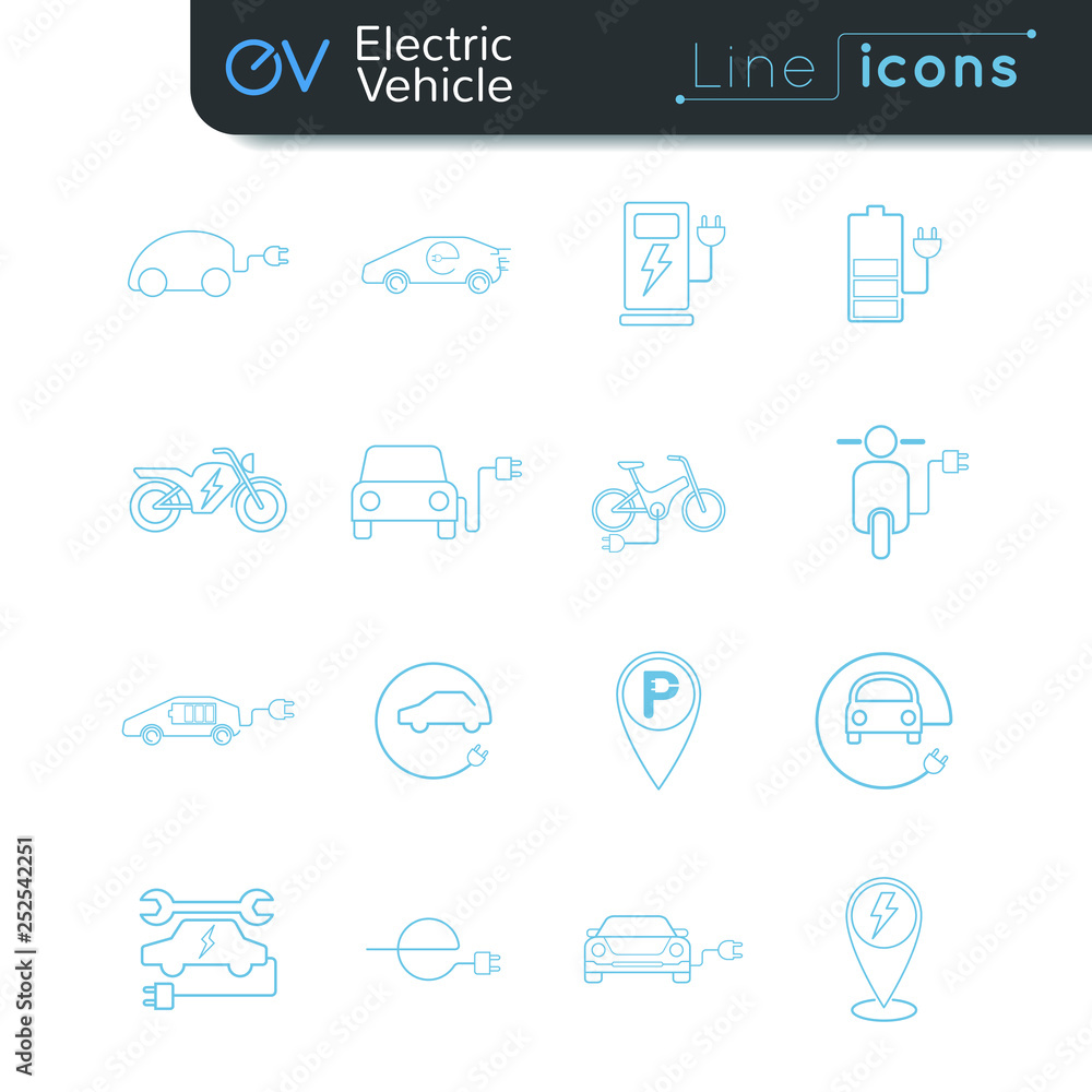 Electric vehicle line icon set black on white BG Electric vehicle line icon set black on white BG