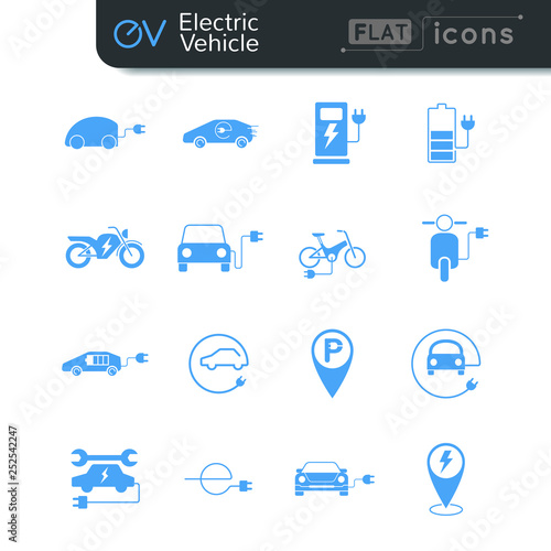 Electric vehicle flat icon set in blue color